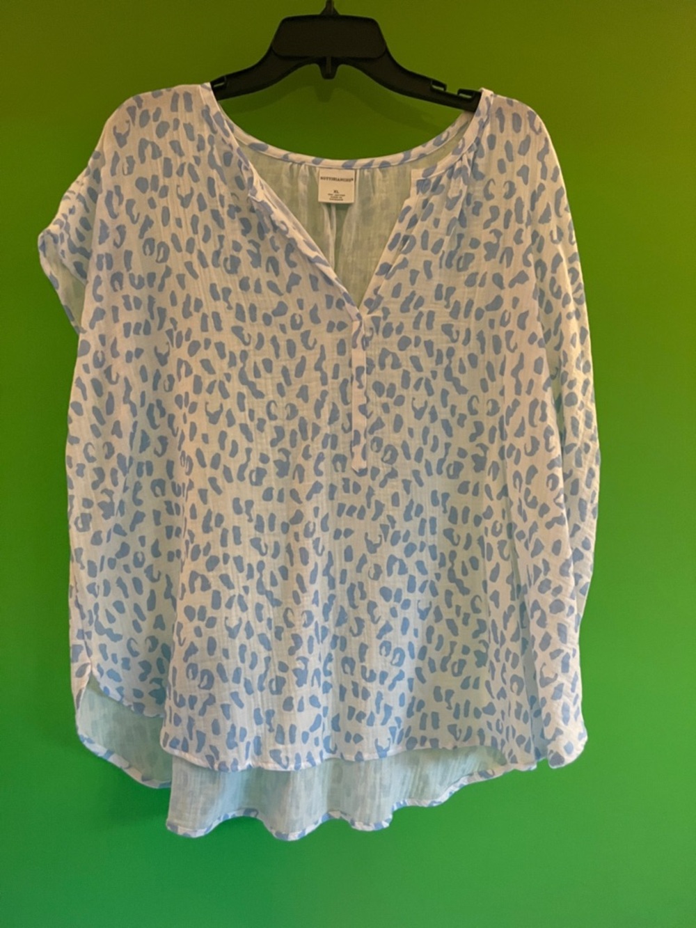 NOTTIBIANCHE Light Blue Leopard-Print Short Sleeve Cotton Blouse Size XL - Picture 2 of 4